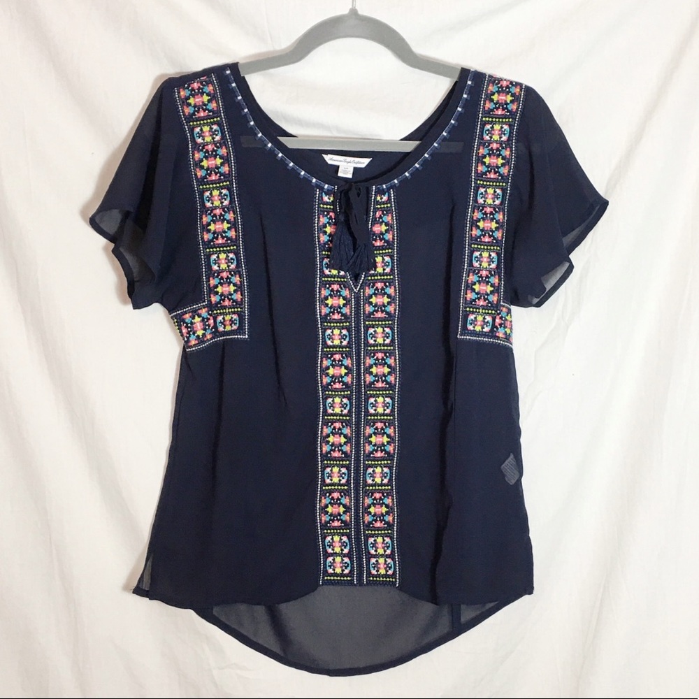American Eagle Shear Navy Blue Peasant Blouse